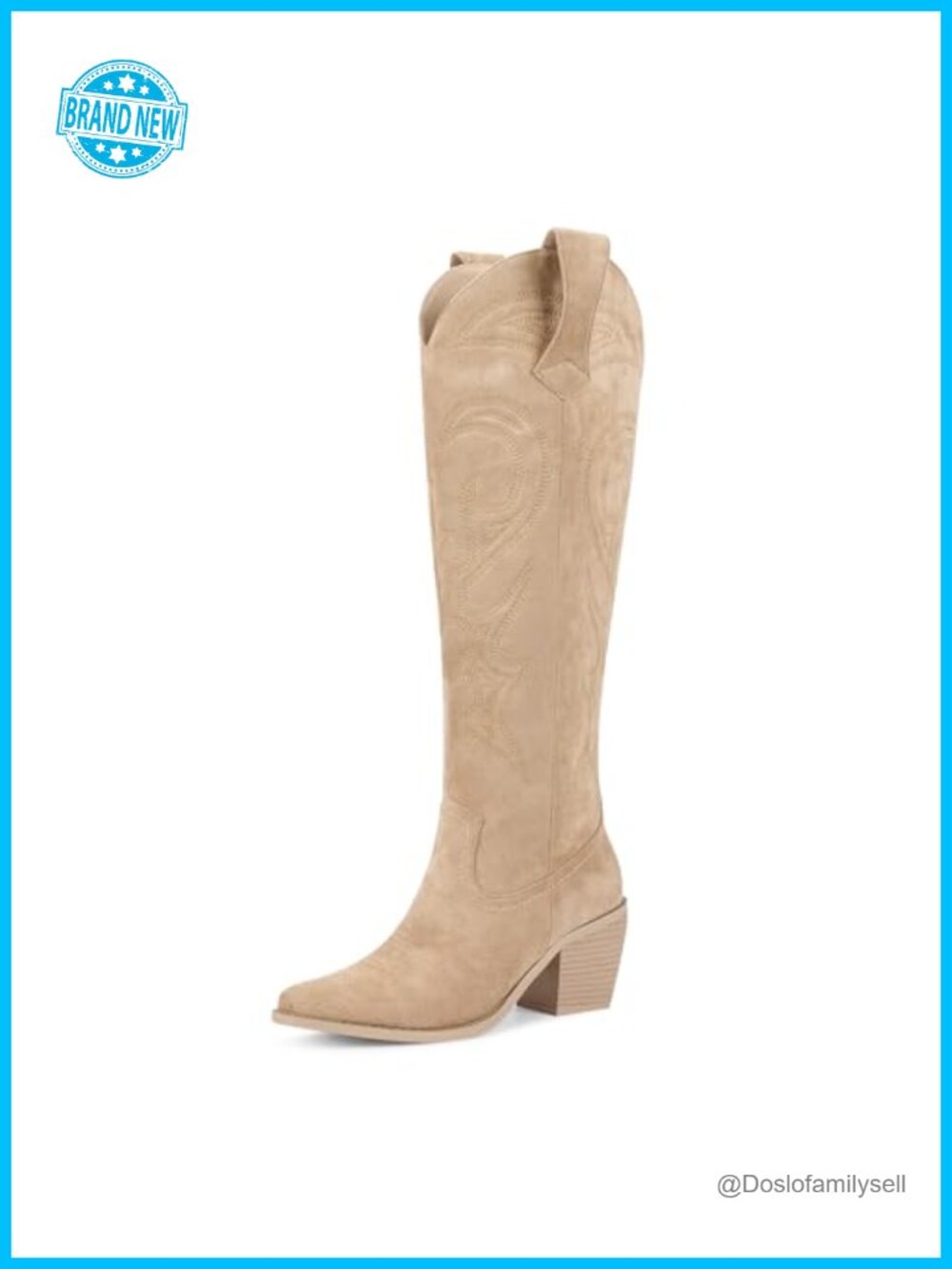 Faux Suede Knee High Western Boots Mid Heel Side Zip
